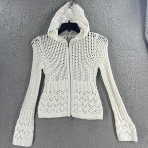 CAbi Sweater Womens Small White Hooded Zip Crochet Open Knit Cardigan Style 821